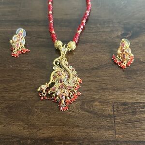 Gold and Red Peacock Necklace Set with Crystal Accents